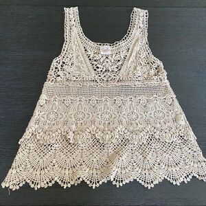 NOELLE Taupe Crochet Sheer Tank Top Blouse SMALL